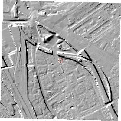 Shaded relief map of the ground around SE146JU, computed from Environment Agency LiDAR. The ground here sits at about 3 m above sea level and falls 10 m across the surrounding 800 m. Surface water reaching this point runs off ground lying to the east-south-east, 6.9 m higher.