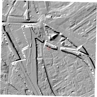 Shaded relief map of the ground around SE146JY, computed from Environment Agency LiDAR. The ground here sits at about 3 m above sea level and falls 10 m across the surrounding 800 m. Surface water reaching this point runs off ground lying to the north-north-west, 4.9 m higher.