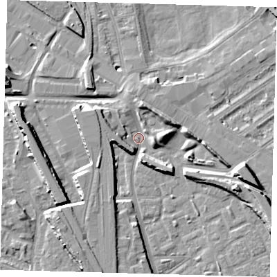 Shaded relief map of the ground around SE146NA, computed from Environment Agency LiDAR. The ground here sits at about 2 m above sea level and falls 10 m across the surrounding 800 m. Surface water reaching this point runs off ground lying to the south-west, 6.9 m higher.