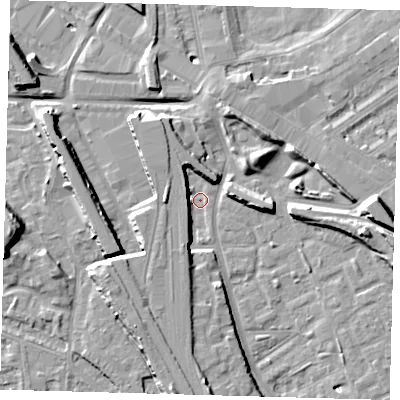 Shaded relief map of the ground around SE146NB, computed from Environment Agency LiDAR. The ground here sits at about 2 m above sea level and falls 12 m across the surrounding 800 m. Surface water reaching this point runs off ground lying to the south-south-west, 6.3 m higher.