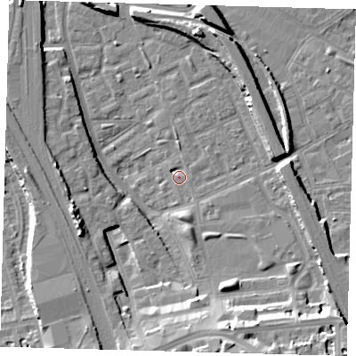 Shaded relief map of the ground around SE146NF, computed from Environment Agency LiDAR. The ground here sits at about 3 m above sea level and falls 16 m across the surrounding 800 m. Surface water reaching this point runs off ground lying to the south-east, 2.5 m higher.