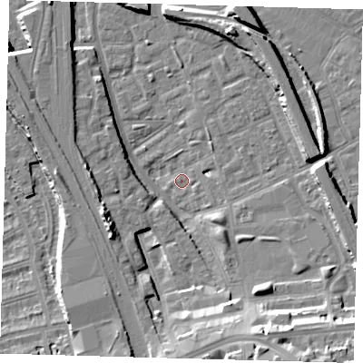 Shaded relief map of the ground around SE146NG, computed from Environment Agency LiDAR. The ground here sits at about 2 m above sea level and falls 16 m across the surrounding 800 m. Surface water reaching this point runs off ground lying to the south-south-east, 14.2 m higher.