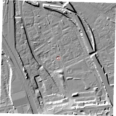 Shaded relief map of the ground around SE146NQ, computed from Environment Agency LiDAR. The ground here sits at about 2 m above sea level and falls 16 m across the surrounding 800 m. Surface water reaching this point runs off ground lying to the north-east, 3.2 m higher.