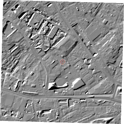 Shaded relief map of the ground around SE14AB, computed from Environment Agency LiDAR. The ground here sits at about 3 m above sea level and falls 10 m across the surrounding 800 m. Surface water reaching this point runs off ground lying to the west, 1.7 m higher.