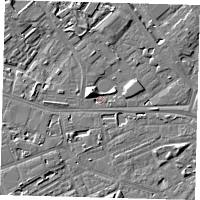 Shaded relief map of the ground around SE14AD, computed from Environment Agency LiDAR. The ground here sits at about 2 m above sea level and falls 10 m across the surrounding 800 m. Surface water reaching this point runs off ground lying to the north-west, 10.0 m higher.