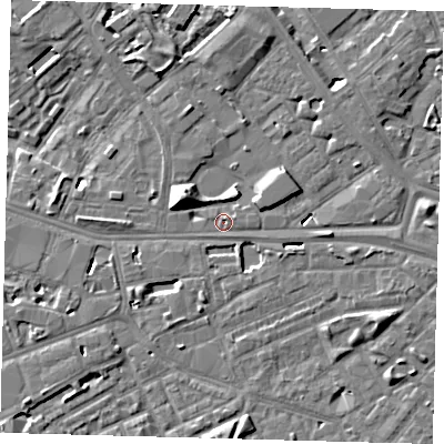 Shaded relief map of the ground around SE14AE, computed from Environment Agency LiDAR. The ground here sits at about 2 m above sea level and falls 10 m across the surrounding 800 m. Surface water reaching this point runs off ground lying to the north-north-east, 5.5 m higher.