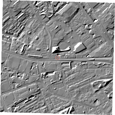 Shaded relief map of the ground around SE14AG, computed from Environment Agency LiDAR. The ground here sits at about 2 m above sea level and falls 10 m across the surrounding 800 m. Surface water reaching this point runs off ground lying to the north-north-east, 5.5 m higher.