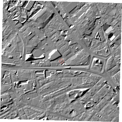 Shaded relief map of the ground around SE14AJ, computed from Environment Agency LiDAR. The ground here sits at about 2 m above sea level and falls 10 m across the surrounding 800 m. Surface water reaching this point runs off ground lying to the north-north-west, 5.3 m higher.