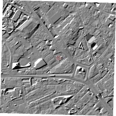 Shaded relief map of the ground around SE14AL, computed from Environment Agency LiDAR. The ground here sits at about 3 m above sea level and falls 10 m across the surrounding 800 m. Surface water reaching this point runs off ground lying to the north-north-west, 5.3 m higher.