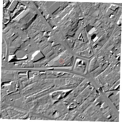 Shaded relief map of the ground around SE14AN, computed from Environment Agency LiDAR. The ground here sits at about 3 m above sea level and falls 10 m across the surrounding 800 m. The ground contributing surface water to this point lies to the east-south-east.