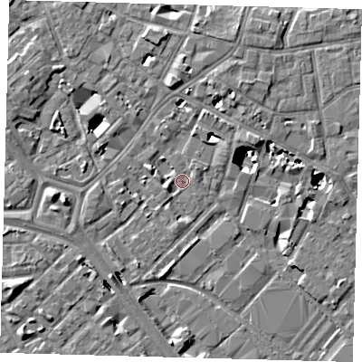Shaded relief map of the ground around SE14AS, computed from Environment Agency LiDAR. The ground here sits at about 2 m above sea level and falls 8 m across the surrounding 800 m. Surface water reaching this point runs off ground lying to the west, 5.1 m higher.
