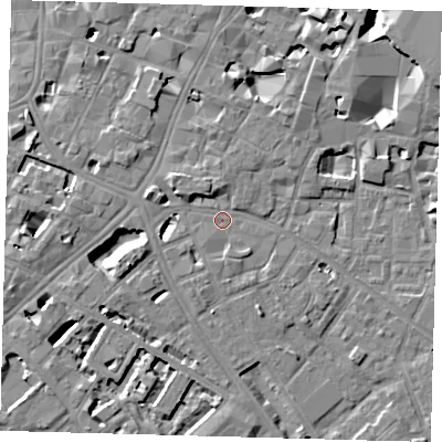 Shaded relief map of the ground around SE14AU, computed from Environment Agency LiDAR. The ground here sits at about 3 m above sea level and falls 10 m across the surrounding 800 m. Surface water reaching this point runs off ground lying to the west-north-west, 4.4 m higher.