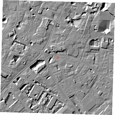 Shaded relief map of the ground around SE14AY, computed from Environment Agency LiDAR. The ground here sits at about 4 m above sea level and falls 11 m across the surrounding 800 m. Surface water reaching this point runs off ground lying to the west-north-west, 4.4 m higher.