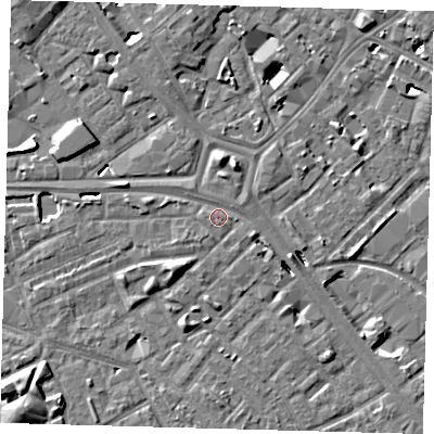 Shaded relief map of the ground around SE14AZ, computed from Environment Agency LiDAR. The ground here sits at about 3 m above sea level and falls 7 m across the surrounding 800 m. Surface water reaching this point runs off ground lying to the east-south-east, 1.0 m higher.