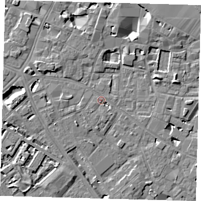 Shaded relief map of the ground around SE14BA, computed from Environment Agency LiDAR. The ground here sits at about 3 m above sea level and falls 7 m across the surrounding 800 m. Surface water reaching this point runs off ground lying to the west-north-west, 4.4 m higher.