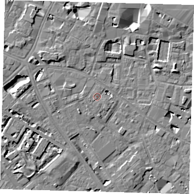 Shaded relief map of the ground around SE14BB, computed from Environment Agency LiDAR. The ground here sits at about 3 m above sea level and falls 7 m across the surrounding 800 m. Surface water reaching this point runs off ground lying to the south-west, 0.9 m higher.