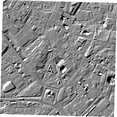 Shaded relief map of the ground around SE14BF, computed from Environment Agency LiDAR. The ground here sits at about 2 m above sea level and falls 8 m across the surrounding 800 m. Surface water reaching this point runs off ground lying to the north-west, 4.8 m higher.