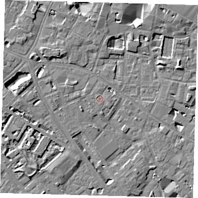 Shaded relief map of the ground around SE14BG, computed from Environment Agency LiDAR. The ground here sits at about 4 m above sea level and falls 7 m across the surrounding 800 m. Surface water reaching this point runs off ground lying to the north-west, 0.8 m higher.