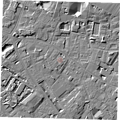 Shaded relief map of the ground around SE14BJ, computed from Environment Agency LiDAR. The ground here sits at about 4 m above sea level and falls 7 m across the surrounding 800 m. Surface water reaching this point runs off ground lying to the south-west, 0.6 m higher.