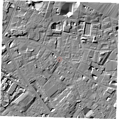Shaded relief map of the ground around SE14BL, computed from Environment Agency LiDAR. The ground here sits at about 3 m above sea level and falls 7 m across the surrounding 800 m. Surface water reaching this point runs off ground lying to the west-north-west, 4.8 m higher.