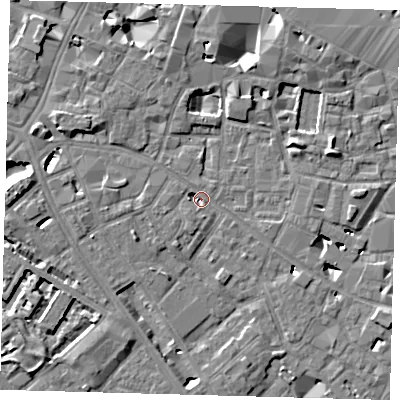Shaded relief map of the ground around SE14BN, computed from Environment Agency LiDAR. The ground here sits at about 3 m above sea level and falls 7 m across the surrounding 800 m. Surface water reaching this point runs off ground lying to the west-north-west, 4.8 m higher.