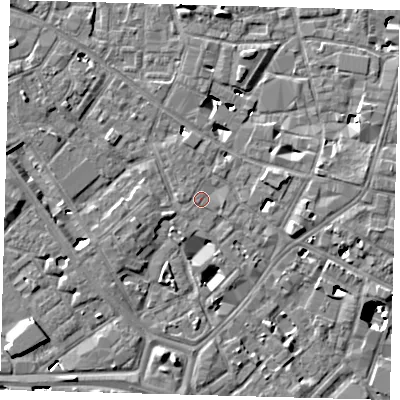 Shaded relief map of the ground around SE14BP, computed from Environment Agency LiDAR. The ground here sits at about 3 m above sea level and falls 9 m across the surrounding 800 m. Surface water reaching this point runs off ground lying to the east, 1.6 m higher.