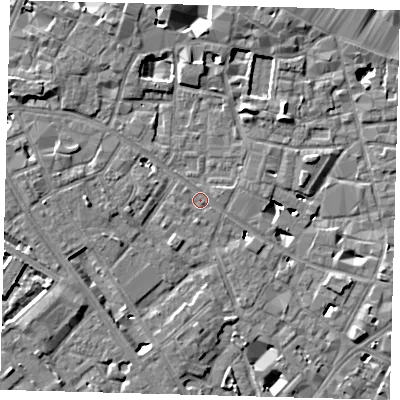Shaded relief map of the ground around SE14BS, computed from Environment Agency LiDAR. The ground here sits at about 3 m above sea level and falls 6 m across the surrounding 800 m. Surface water reaching this point runs off ground lying to the east-north-east, 0.6 m higher.