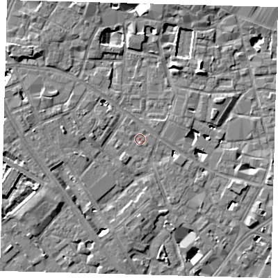 Shaded relief map of the ground around SE14BT, computed from Environment Agency LiDAR. The ground here sits at about 3 m above sea level and falls 6 m across the surrounding 800 m. Surface water reaching this point runs off ground lying to the east-north-east, 0.6 m higher.