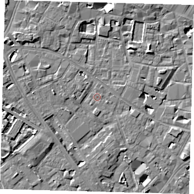 Shaded relief map of the ground around SE14BU, computed from Environment Agency LiDAR. The ground here sits at about 3 m above sea level and falls 6 m across the surrounding 800 m. Surface water reaching this point runs off ground lying to the west-north-west, 4.8 m higher.