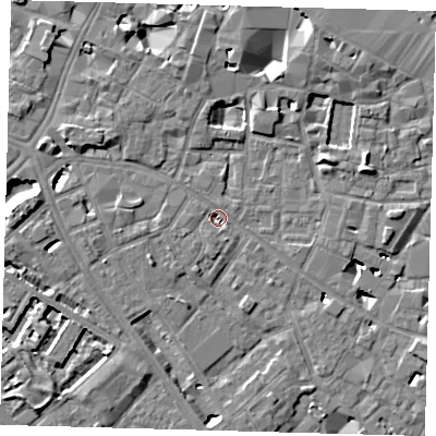 Shaded relief map of the ground around SE14BW, computed from Environment Agency LiDAR. The ground here sits at about 3 m above sea level and falls 7 m across the surrounding 800 m. Surface water reaching this point runs off ground lying to the west-north-west, 4.4 m higher.