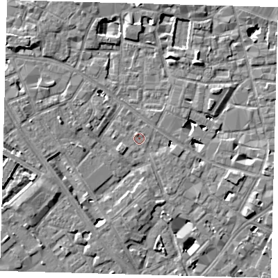 Shaded relief map of the ground around SE14BX, computed from Environment Agency LiDAR. The ground here sits at about 3 m above sea level and falls 6 m across the surrounding 800 m. Surface water reaching this point runs off ground lying to the north-north-east, 4.5 m higher.