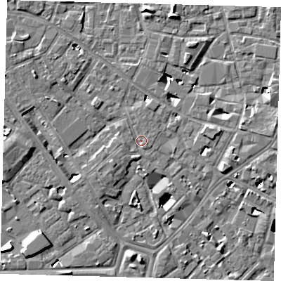 Shaded relief map of the ground around SE14BY, computed from Environment Agency LiDAR. The ground here sits at about 3 m above sea level and falls 6 m across the surrounding 800 m. Surface water reaching this point runs off ground lying to the west-north-west, 4.8 m higher.