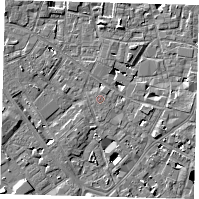Shaded relief map of the ground around SE14DA, computed from Environment Agency LiDAR. The ground here sits at about 3 m above sea level and falls 7 m across the surrounding 800 m. Surface water reaching this point runs off ground lying to the north-north-east, 0.7 m higher.
