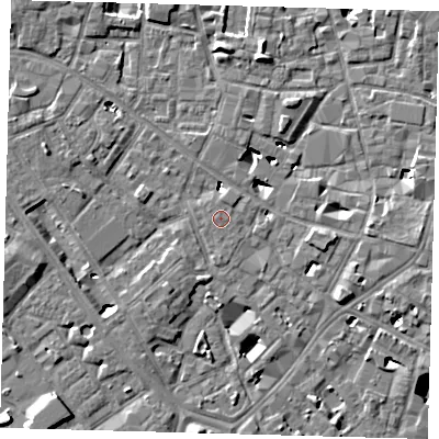 Shaded relief map of the ground around SE14DB, computed from Environment Agency LiDAR. The ground here sits at about 3 m above sea level and falls 7 m across the surrounding 800 m. Surface water reaching this point runs off ground lying to the north-north-east, 0.7 m higher.