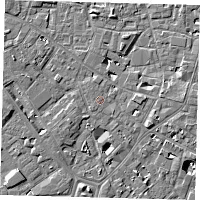 Shaded relief map of the ground around SE14DD, computed from Environment Agency LiDAR. The ground here sits at about 3 m above sea level and falls 9 m across the surrounding 800 m. Surface water reaching this point runs off ground lying to the north, 1.1 m higher.