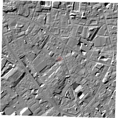 Shaded relief map of the ground around SE14DH, computed from Environment Agency LiDAR. The ground here sits at about 3 m above sea level and falls 9 m across the surrounding 800 m. Surface water reaching this point runs off ground lying to the north-west, 5.0 m higher.