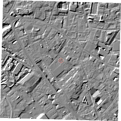 Shaded relief map of the ground around SE14DL, computed from Environment Agency LiDAR. The ground here sits at about 3 m above sea level and falls 7 m across the surrounding 800 m. Surface water reaching this point runs off ground lying to the south-west, 1.7 m higher.