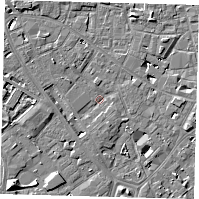 Shaded relief map of the ground around SE14DN, computed from Environment Agency LiDAR. The ground here sits at about 2 m above sea level and falls 9 m across the surrounding 800 m. Surface water reaching this point runs off ground lying to the south, 4.1 m higher.