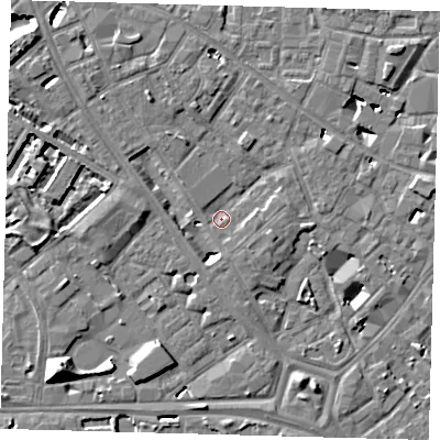 Shaded relief map of the ground around SE14DP, computed from Environment Agency LiDAR. The ground here sits at about 3 m above sea level and falls 10 m across the surrounding 800 m. Surface water reaching this point runs off ground lying to the south-east, 4.1 m higher.