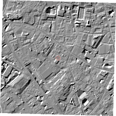 Shaded relief map of the ground around SE14DQ, computed from Environment Agency LiDAR. The ground here sits at about 3 m above sea level and falls 6 m across the surrounding 800 m. Surface water reaching this point runs off ground lying to the north-west, 4.7 m higher.
