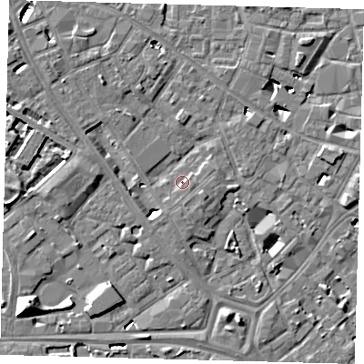 Shaded relief map of the ground around SE14DR, computed from Environment Agency LiDAR. The ground here sits at about 3 m above sea level and falls 10 m across the surrounding 800 m. Surface water reaching this point runs off ground lying to the south-south-west, 1.2 m higher.