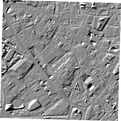 Shaded relief map of the ground around SE14DS, computed from Environment Agency LiDAR. The ground here sits at about 3 m above sea level and falls 10 m across the surrounding 800 m. Surface water reaching this point runs off ground lying to the south, 4.1 m higher.