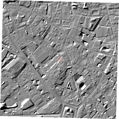 Shaded relief map of the ground around SE14DT, computed from Environment Agency LiDAR. The ground here sits at about 3 m above sea level and falls 10 m across the surrounding 800 m. Surface water reaching this point runs off ground lying to the north-west, 5.3 m higher.
