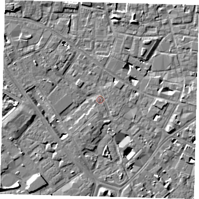 Shaded relief map of the ground around SE14DU, computed from Environment Agency LiDAR. The ground here sits at about 3 m above sea level and falls 7 m across the surrounding 800 m. Surface water reaching this point runs off ground lying to the north-west, 5.3 m higher.