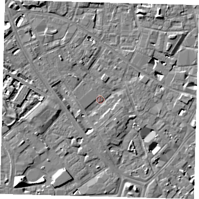 Shaded relief map of the ground around SE14DW, computed from Environment Agency LiDAR. The ground here sits at about 3 m above sea level and falls 10 m across the surrounding 800 m. Surface water reaching this point runs off ground lying to the south-south-east, 4.1 m higher.