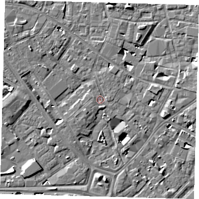 Shaded relief map of the ground around SE14DX, computed from Environment Agency LiDAR. The ground here sits at about 3 m above sea level and falls 6 m across the surrounding 800 m. Surface water reaching this point runs off ground lying to the north-west, 4.8 m higher.