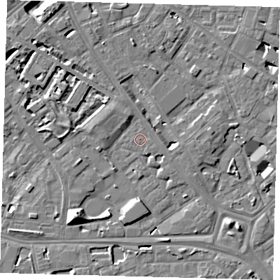 Shaded relief map of the ground around SE14EF, computed from Environment Agency LiDAR. The ground here sits at about 3 m above sea level and falls 10 m across the surrounding 800 m. Surface water reaching this point runs off ground lying to the north-north-west, 4.4 m higher.