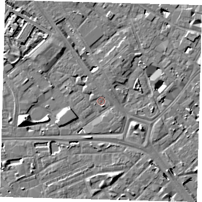 Shaded relief map of the ground around SE14EJ, computed from Environment Agency LiDAR. The ground here sits at about 3 m above sea level and falls 10 m across the surrounding 800 m. Surface water reaching this point runs off ground lying to the south-south-east, 1.1 m higher.