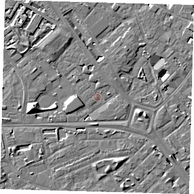 Shaded relief map of the ground around SE14EN, computed from Environment Agency LiDAR. The ground here sits at about 3 m above sea level and falls 10 m across the surrounding 800 m. Surface water reaching this point runs off ground lying to the north-north-west, 5.3 m higher.