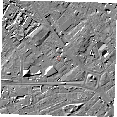 Shaded relief map of the ground around SE14EP, computed from Environment Agency LiDAR. The ground here sits at about 3 m above sea level and falls 10 m across the surrounding 800 m. Surface water reaching this point runs off ground lying to the west-north-west, 1.6 m higher.
